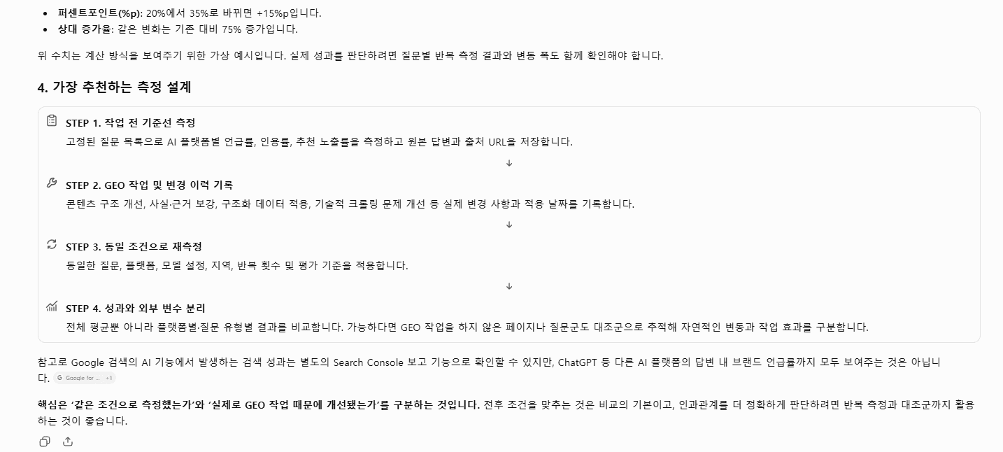 ChatGPT가 정리한 GEO 작업 전 기준값 측정,변경 이력,재측정과 외부 변수 분리 절차